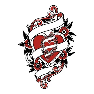 Color traditional heart tattoo design, drawn flat for a ribs tattoo