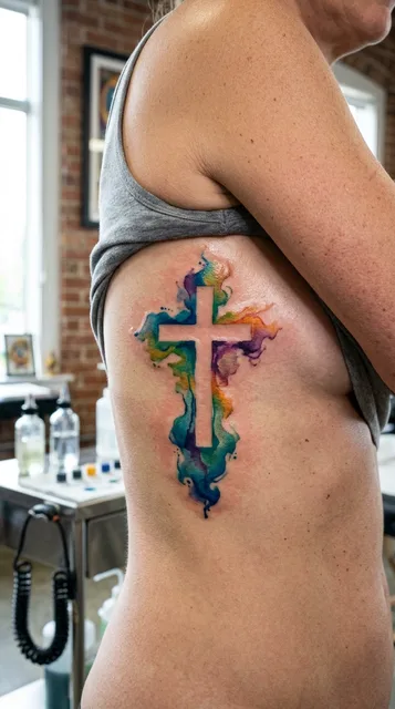 Color watercolor cross tattoo on a woman's ribs