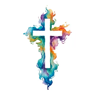 Color watercolor cross tattoo design, drawn flat for a ribs tattoo