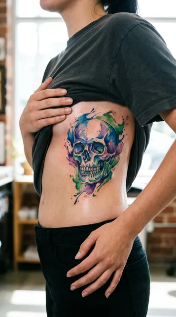 Color watercolor skull tattoo on a woman's ribs