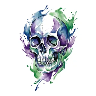 Color watercolor skull tattoo design, drawn flat for a ribs tattoo