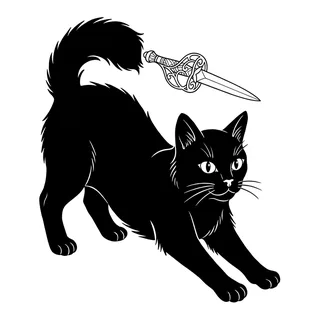 Black and white blackwork cat tattoo design, drawn flat for a shin tattoo