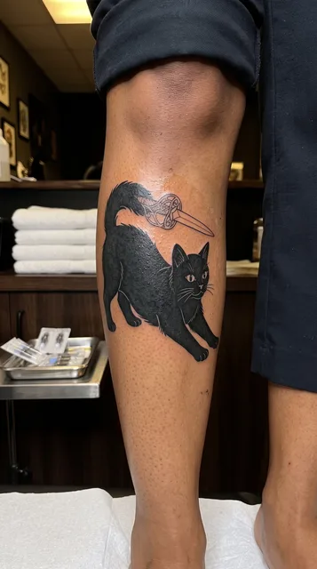 Cat tattoo on the shin