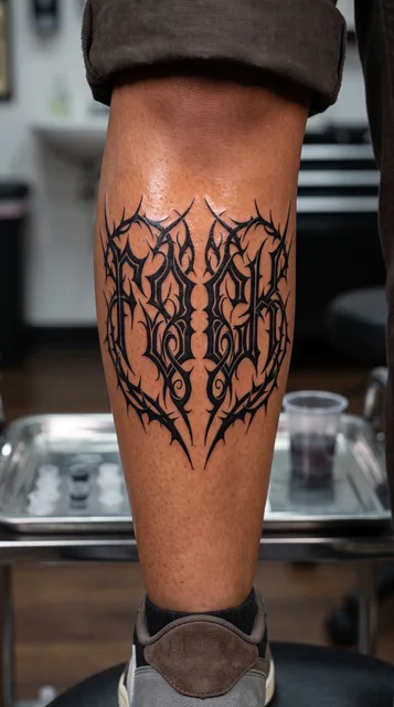 Black and white blackwork ornament tattoo on a man's shin