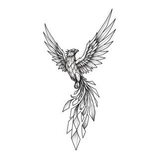 Black and grey dotwork phoenix tattoo design, drawn flat for a shin tattoo