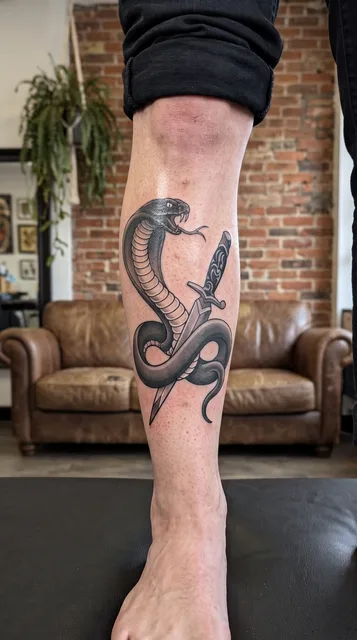 Black and grey dotwork snake dagger tattoo on a man's shin