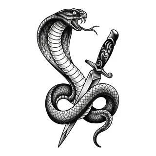 Black and grey dotwork snake dagger tattoo design, drawn flat for a shin tattoo