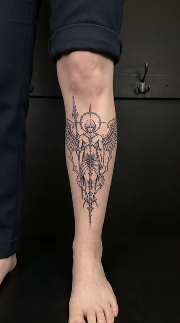 Black and grey illustrative angel tattoo on a woman's shin