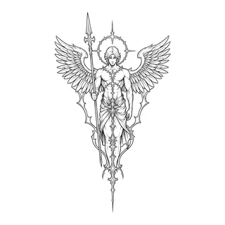 Black and grey illustrative angel tattoo design, drawn flat for a shin tattoo