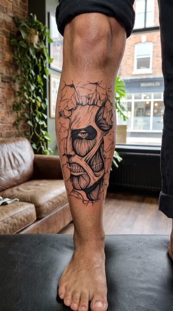 Black and grey illustrative face tattoo on a man's shin