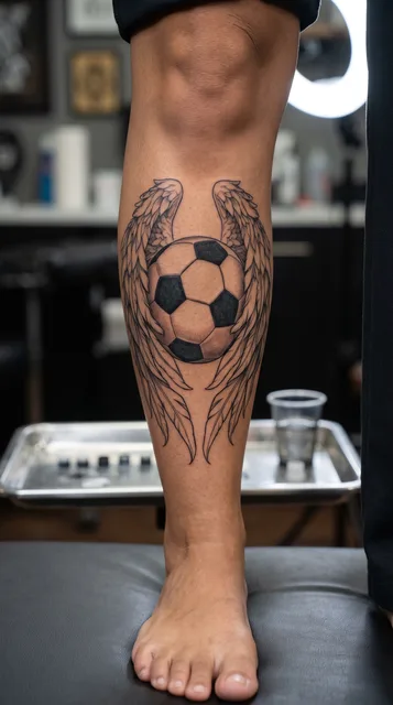 Black and grey illustrative soccer ball tattoo on a woman's shin