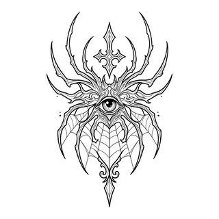 Black and grey illustrative spider eye tattoo design, drawn flat for a shin tattoo