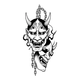 Black and grey Japanese masks tattoo design, drawn flat for a shin tattoo