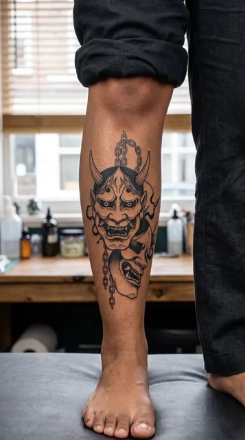 Black and grey Japanese masks tattoo on a woman's shin