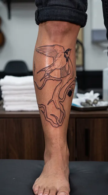 Black and white linework bird tattoo on a man's shin