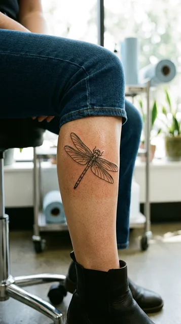 Black and white linework dragonfly tattoo on a woman's shin