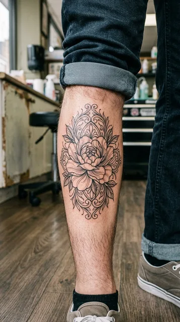 Black and grey ornamental flower tattoo on a man's shin