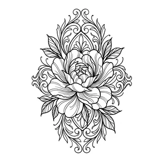 Black and grey ornamental flower tattoo design, drawn flat for a shin tattoo