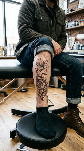 Black and grey ornamental lily tattoo on a man's shin