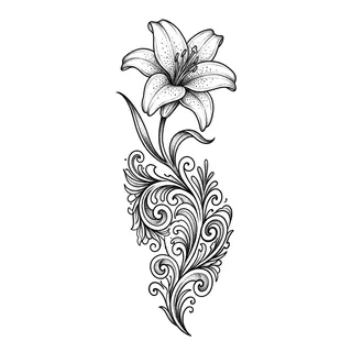 Black and grey ornamental lily tattoo design, drawn flat for a shin tattoo
