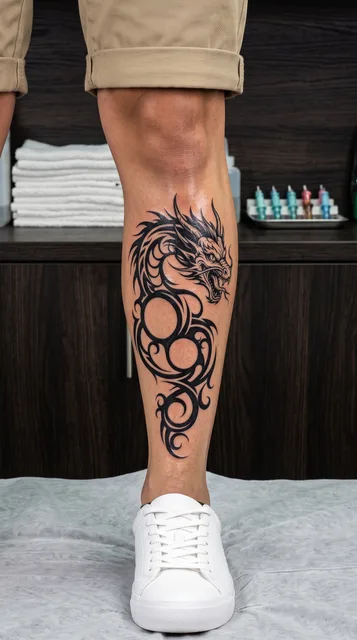 Black and white tribal dragon tattoo on a woman's shin