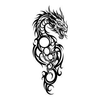 Black and white tribal dragon tattoo design, drawn flat for a shin tattoo