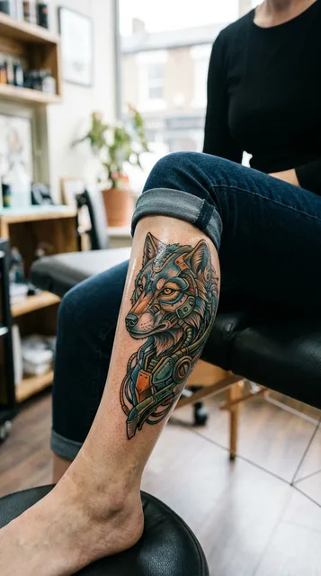 Color biomechanical wolf tattoo on a woman's shin