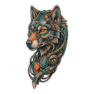 Color biomechanical wolf tattoo design, drawn flat for a shin tattoo