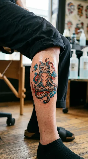 Color Japanese cat tattoo on a woman's shin