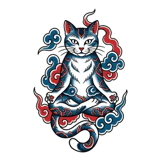 Color Japanese cat tattoo design, drawn flat for a shin tattoo