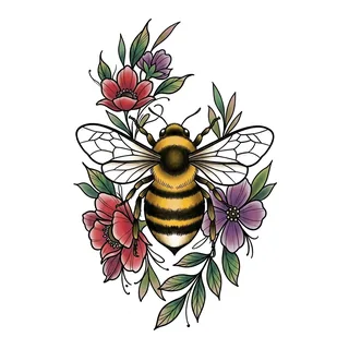 Color neo traditional bee tattoo design, drawn flat for a shin tattoo
