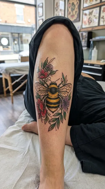 Bee tattoo on the shin