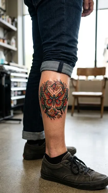Color neo traditional butterfly tattoo on a man's shin
