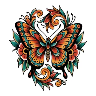 Color neo traditional butterfly tattoo design, drawn flat for a shin tattoo