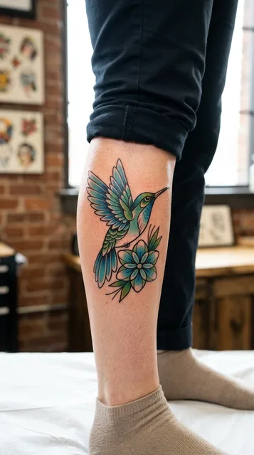 Color neo traditional hummingbird tattoo on a woman's shin