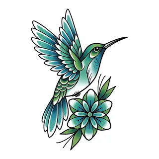 Color neo traditional hummingbird tattoo design, drawn flat for a shin tattoo