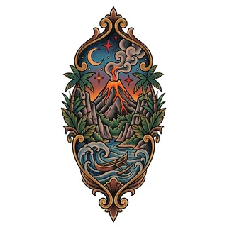 Color neo traditional tattoo design, drawn flat for a shin tattoo
