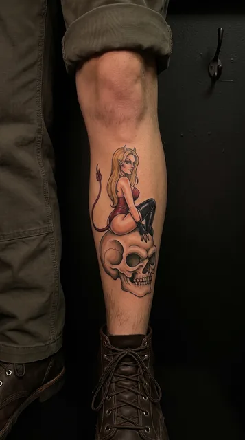 Color neo traditional skull tattoo on a man's shin