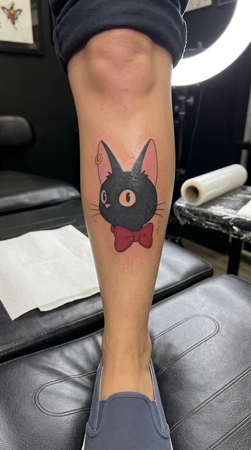 Color new school cat tattoo on a woman's shin