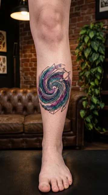 Color watercolor galaxy tattoo on a woman's shin