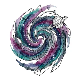 Color watercolor galaxy tattoo design, drawn flat for a shin tattoo