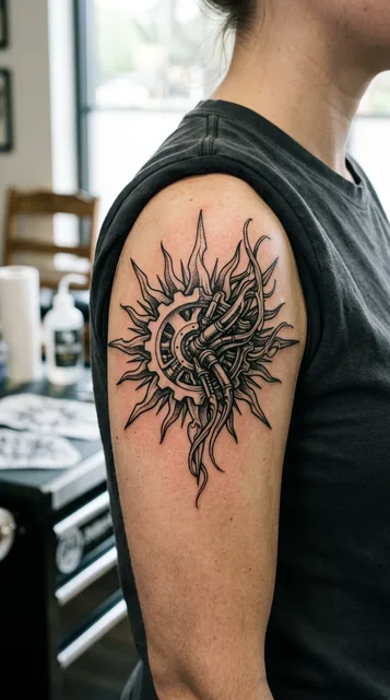 Black and grey biomechanical sun tattoo on a woman's shoulder