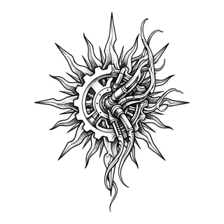 Black and grey biomechanical sun tattoo design, drawn flat for a shoulder tattoo