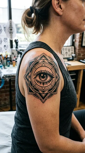 Black and white blackwork eye tattoo on a woman's shoulder