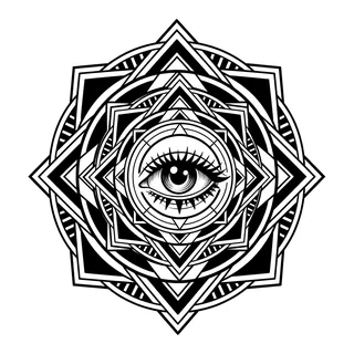 Black and white blackwork eye tattoo design, drawn flat for a shoulder tattoo
