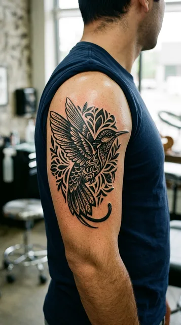 Black and white blackwork hummingbird tattoo on a man's shoulder