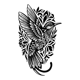 Black and white blackwork hummingbird tattoo design, drawn flat for a shoulder tattoo