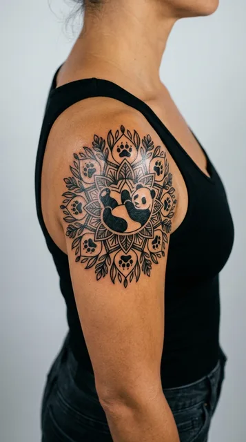 Black and white blackwork tattoo on a woman's shoulder
