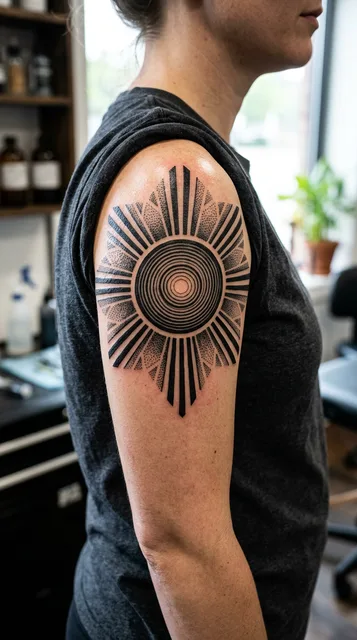 Sun tattoo on the shoulder