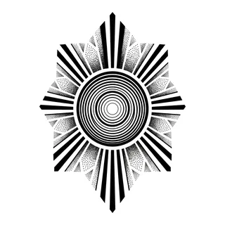 Black and white blackwork sun tattoo design, drawn flat for a shoulder tattoo